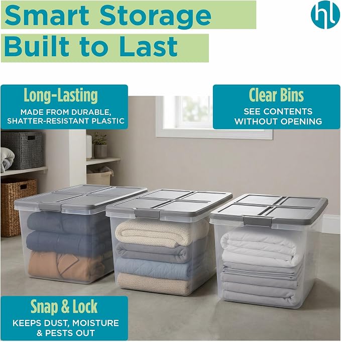 Home Logic 66 Qt Latched Storage Bin with Lid, Stackable Plastic Storage Container, Organizer for Home, Garage & Closet, 6 Pack, Gray