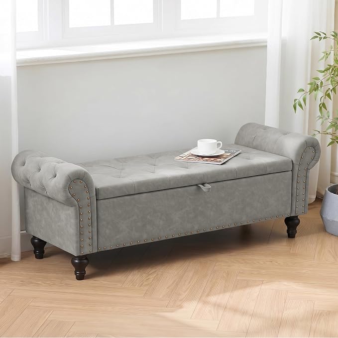 55" Storage Bench for Bedroom, Upholstered Ottoman Bench, Leather LightGray | End of Bed Bench for Bedroom, Window Benches for Living Room, Entryway, Ottoman with Large Storage Space, Pet Friendly