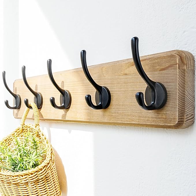 Coat Rack Wall: Patented, Heavy-Duty, 17.4" Long 5-Double-Hooks Wooden Wall Mounted Coat Rack Coat Hanger Hook Rail for Winter Coats Hat Jacket Clothing, Weathered Brown