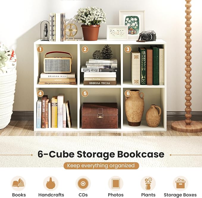Giantex 6-Cube Bookcase, 3-Tier Cubby Bookshelf, Horizontal Vertical Display Rack with Anti-Tipping Kits, Modern Storage Organizer Shelf Unit for Bedroom, Living Room, Study Room, White | Horizontal Vertical Display Rack with Anti-Tipping Kits, Modern ...