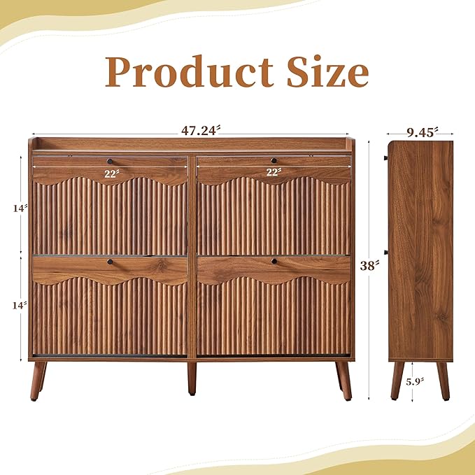 BERRYMERRY 47.2” Wide Shoe Storage Cabinet for Entryway with 4 Flip Drawers | narrow,entryway,adjustable feet,32 pairs shoe,shoe organize,hidden shoe rack,fluted panel,wave pattern,wood,space saving