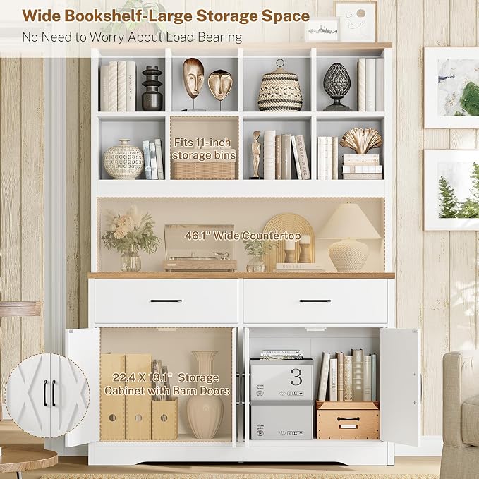 Storage Cabinet with Doors and Drawers, Pantry Cabinets, 5 Tier Floor Standing Bookshelves, Bookshelf and Bookcase, 8 Open Storage Shelves and Printer Stand for Study, Living Room, Office