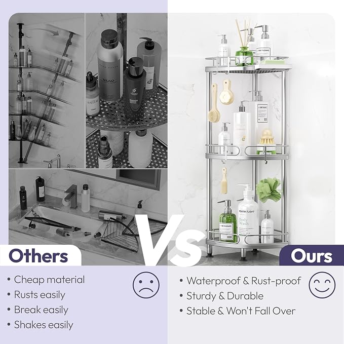 SWTYMIKI Corner Shower Caddy Standing - 3 Tier Rustproof Metal Shower Organizer Stand with Soap Holder and 4 Hooks, Freestanding Floor Shower Storage Stands for Bathroom, Silver