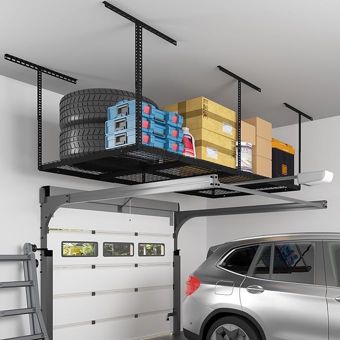FLEXIMOUNTS 4x8 Overhead Garage Ceiling Storage Rack Adjustable, Hammertone | 750lbs Weight Capacity, 22"-40" Adjustable Organization System, Heavy-Duty Metal Ceiling Racks, Classic Series