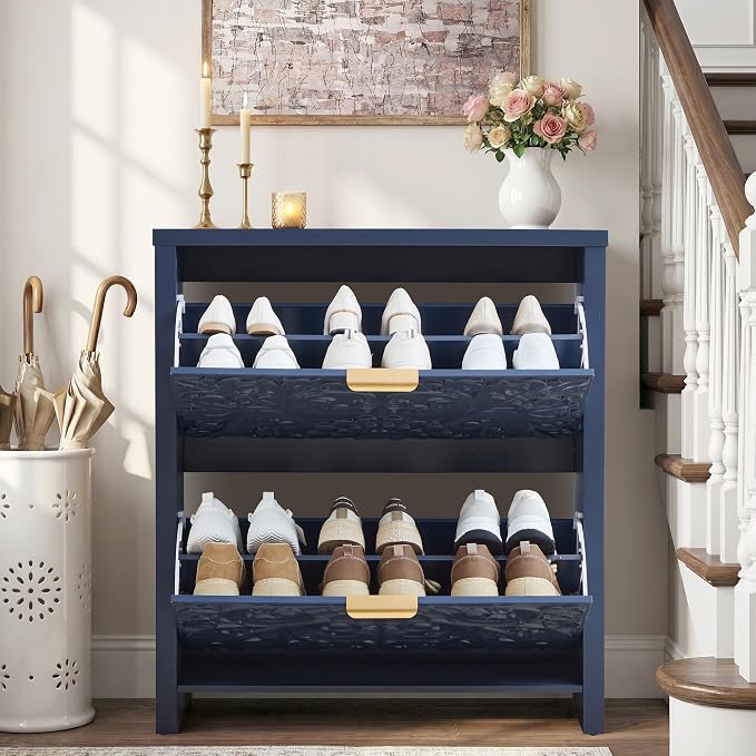 weselon Flip Drawer Shoe Cabinet Set of 2, Narrow Shoe Storage Cabinet, 2-Tier Hidden Shoe Organizer with Carved Floral for Entryway, Slim Shoes Storage for Hallway Foyer (2, Midnight Blue)