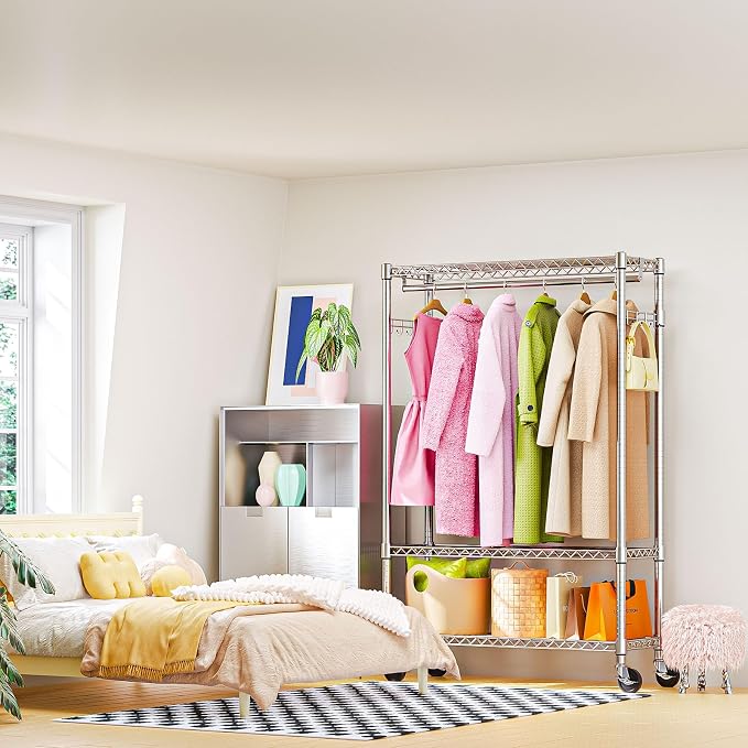 M MZG Heavy Duty Rolling Garment Rack 3 Tiers Adjustable Wire Shelving Clothes Rack with 1 Rods and Side Hooks,Storage Closet Clothing Rack with Wheels Chrome 15.7" D x 45.3" W x 75.6" H
