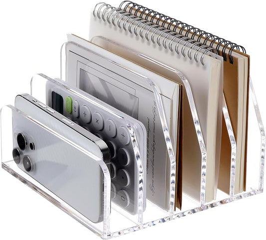 SANRUI Acrylic Desk Mail Organizer Sorters, Clear Letter Holder 5 Slot | Laddered File Desktop File Holder, Multifunction Envelope Vertical Folder Racks Document Holders for Office, Home, School