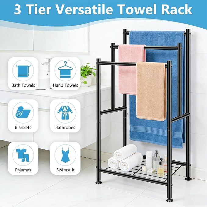 Standing Towel Rack, 3 Tier Towel Racks for Bathroom with Storage Shelf, Freestanding Metal Pool Blanket Holder Floor Towel Drying Rack Outdoor, Black