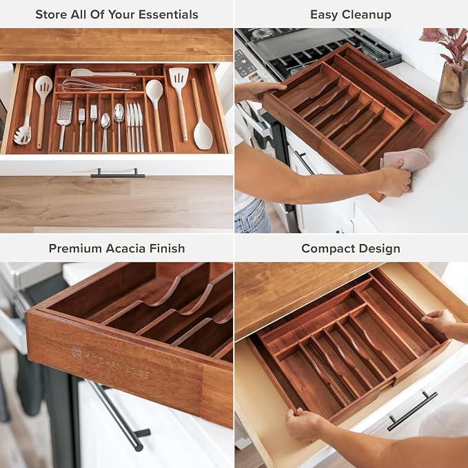 KitchenEdge Silverware & Utensil Drawer Organizer, 18-33 in, Acacia | Cutlery, flatware, food-safe contract grade, kitchen drawer fit
