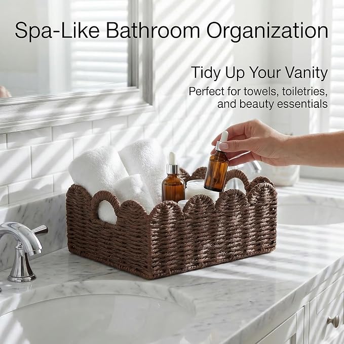 Scalloped Wicker Basket Set of 3, Hand-Woven Storage with Handles | set of 3 brown scalloped baskets with handles. Hand-woven paper rope for shelves, bathroom or closet. Stackable, sturdy.