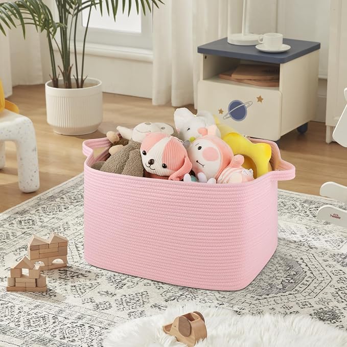 OIASKET Large Blanket Basket, Blanket Storage Living Room, Rectangle Woven Baskets for Storage Toys, Towels, Dirty Clothes Organizer Bins (Pink)