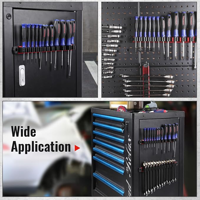 WORKPRO Magnetic Screwdriver and Wrench Organizer Set, 36-Slot Tool Holders | 3-Pack Aluminum Rails, Magnetic Force, Flexible High-Tension Tool Clips, For Tool Box Drawer & Wall-Mount Storage