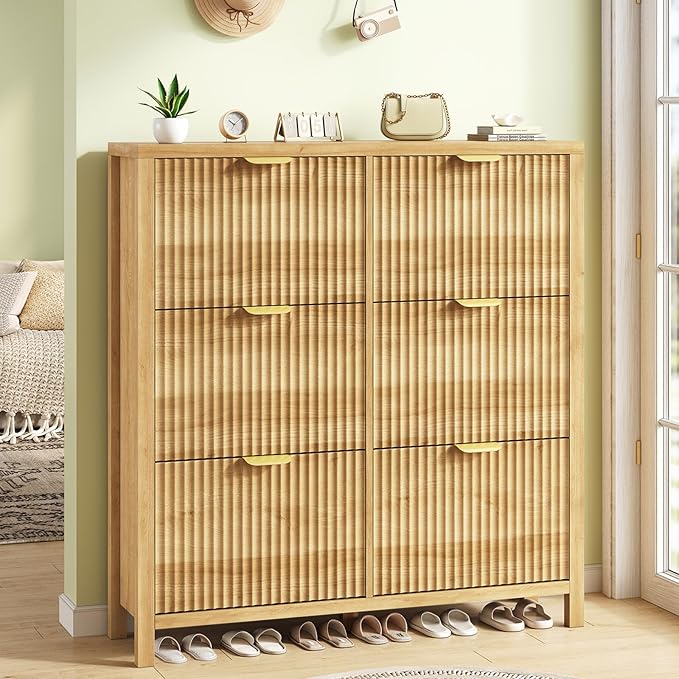 47" Fluted Shoe Cabinet Storage with 6 Flip Drawers for Entryway, Hallway | Slim Shoe Rack Freestanding Wooden Shoe Organizer with Legs for Hallway, Living Room, Oak