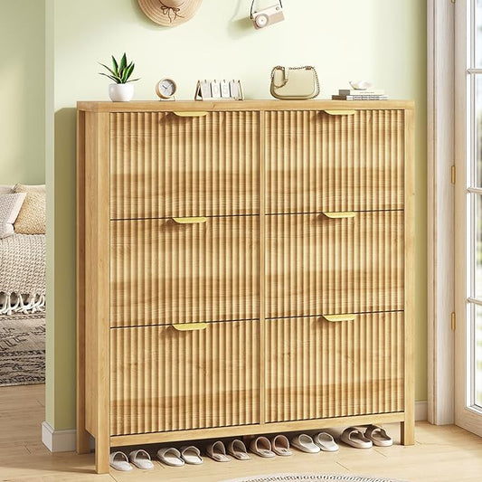 47" Fluted Shoe Cabinet Storage with 6 Flip Drawers for Entryway, Hallway | Slim Shoe Rack Freestanding Wooden Shoe Organizer with Legs for Hallway, Living Room, Oak