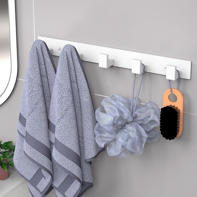 PMMASTO Stainless Steel Coat Rack Wall Mounted, Heavy Duty Metal Hook Rail for Hanging Coats Hats Towels Robes Bags, Modern Wall Hooks Organizer (White, 5 "L Hooks, 2 Pack)