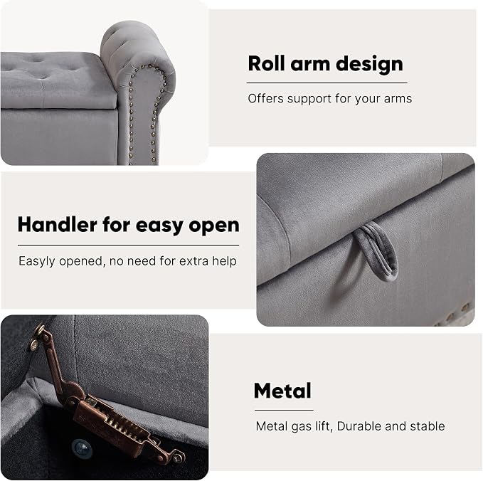 51" Storage Bench for Bedroom, Velvet End of Bed Bench, Queen Size Bench with Rolled Arms, Tufted Storage Ottoman Benches, Upholstered Bench for Bedroom, Living Room, Entryway, Grey