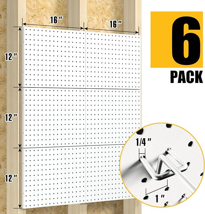Spampur Peg Board, 6 Pack Metal Pegboard Panels with 50 Hooks | White Pegboards Wall Organizer, Heavy Duty Peg Board for Garage Tool Storage, Office Organization, Craft Room, Desk