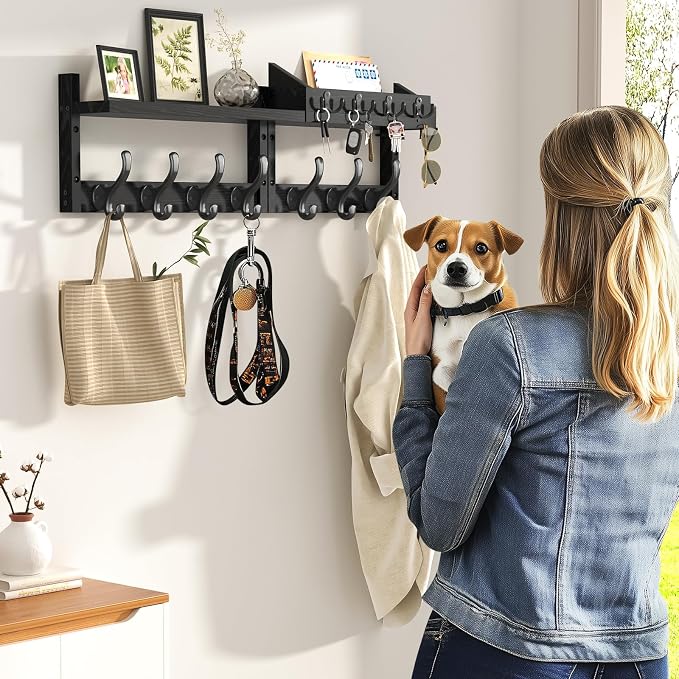 Evermagin 29" Coat Rack Wall Mount with Shelf & 11 Hooks, Entryway, Black | 4-in-1: coat hooks, key hanger, mail holder & display shelf. Pine wood. For bedroom, hallway, mudroom, livingroom