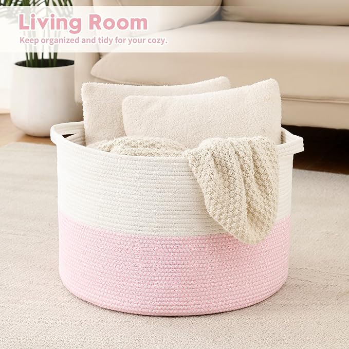Foldable Laundry Hamper Basket with Collapsible Handle Cotton Rope Soft Woven Fabric Storage Organizer Clothes Toys Nursery Bedroom Dorm Space Saving Bin (White & Pink, 80L(21.7"D x 13.8"H))