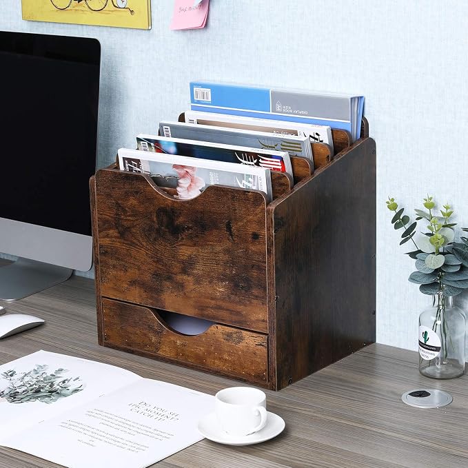 PAG Wood Desktop File Holder Organizer Mail Sorter with Drawer, for File Folders, Mails, Envelopes, Mailing Supplies or Magazines, 6 Compartments, Antique Brown