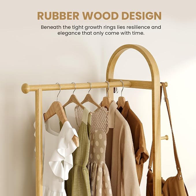 31.5" Wide 3-in-1 Freestanding Clothing Rack.Wooden Coat Rack with 2 Shelves and 6 Hooks,Solid Rubber Wood Coat Rack with Shelves for Entryway, Bedroom, Living Room, Natural