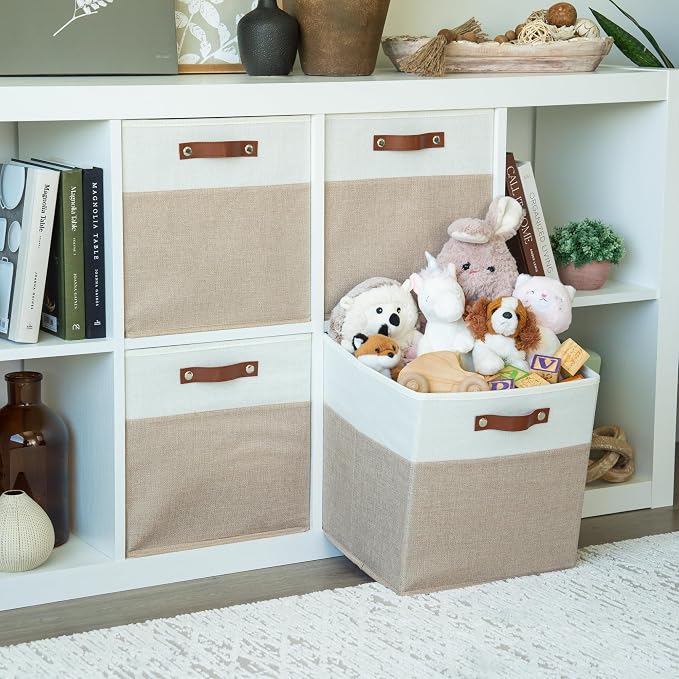 OrganiHaus 13x13 Cube Storage Bins, Set of 4 - Fabric Storage Cubes | Sturdy, holds its shape; odor-free; fits IKEA Kallax and Expedit; vegan leather handles