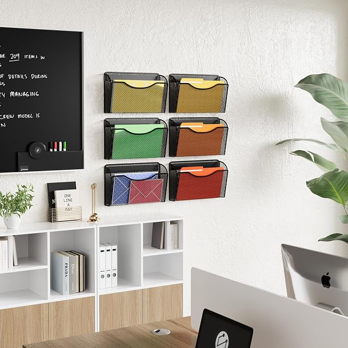 MINDEPOT Wall File Organizer, Hanging Wall File Holder, 1 Pack, Black | Heavy Duty Iron, Metal Mesh Wall Mount, Single Pocket, Mail Organizer, for Office School Classroom Home, Letter A4 Size