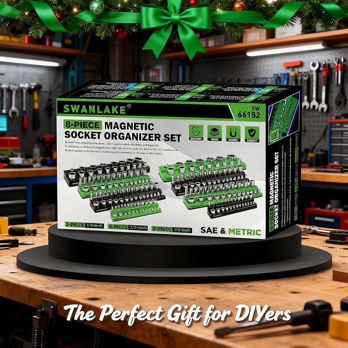 Magnetic Socket Organizer Holder Tool: 8PCS Set includes 2PCS 1/4", 4PCS 3/8", 2PCS 1/2" Drive Socket Storage Trays Toolboxs, Holding 199 Slots Soft Rubber Covering Black Green (sockets not included)