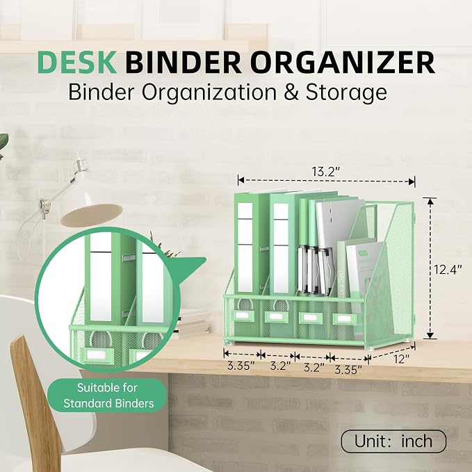 DALTACK 4-Slot Magazine File Holder, Metal Binder Holder, Mint Green | Iron Mesh Construction, Labeled Sections for Easy Sorting, Anti-Slip Feet, Binder and Folder Storage for Office, Classroom