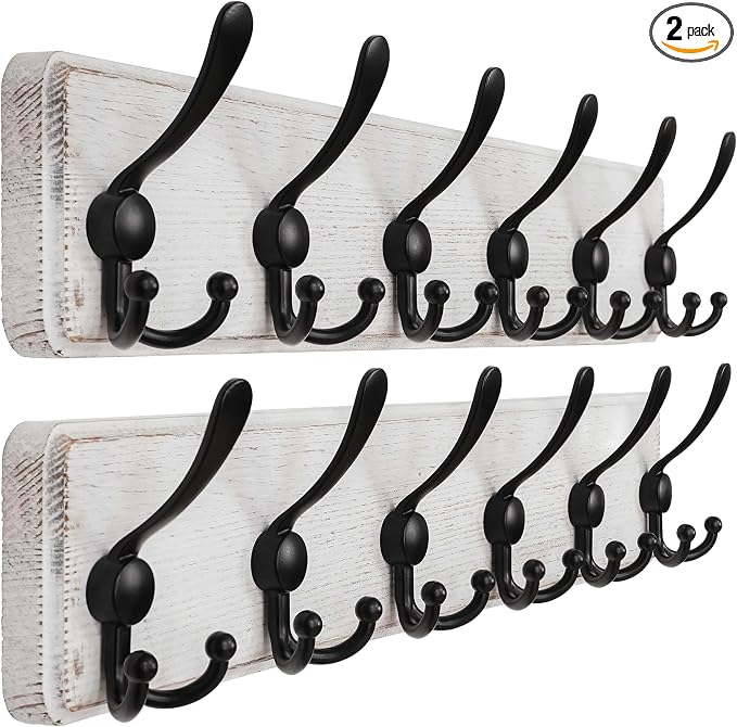 Coat Rack Wall Mounted - 24" Long 6 Tri Hooks, Heavy Duty Wooden Wall Coat Hanger Coat Hook for Clothes Hat Jacket Clothing, White and Black, Pack of 2