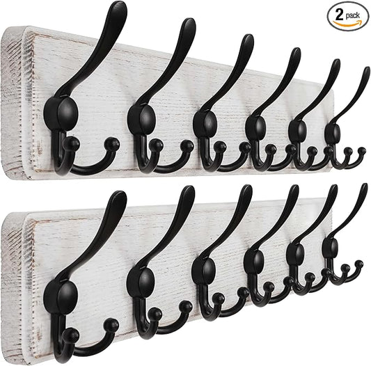 Coat Rack Wall Mounted - 24" Long 6 Tri Hooks, Heavy Duty Wooden Wall Coat Hanger Coat Hook for Clothes Hat Jacket Clothing, White and Black, Pack of 2
