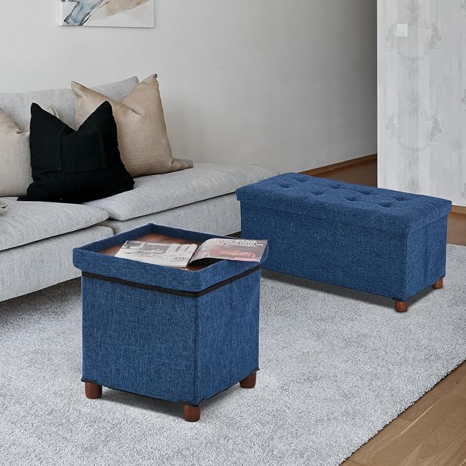 15 Inch Storage Ottoman with Wooden Legs - Cube Foot Rest Stool, Square Footstool, Comfortable Seat with Lid, Foldable Fabric Ottoman, Space-Saving Navy