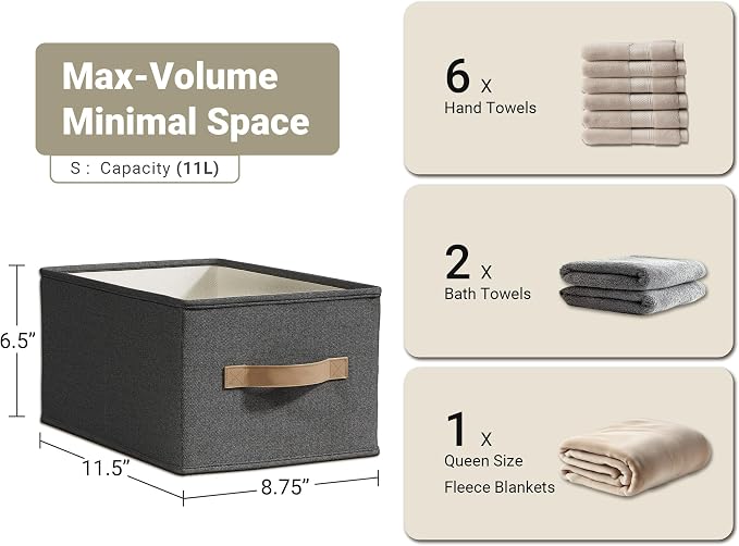 3-Pack Closet Storage Bins, Foldable Fabric Storage Baskets, Black | Thickened Rigid PP Panels, Cotton-linen Shelf Baskets, Measure 11.5"L x 8.75"W x 6.5"H for Clothes, Closets and Drawers
