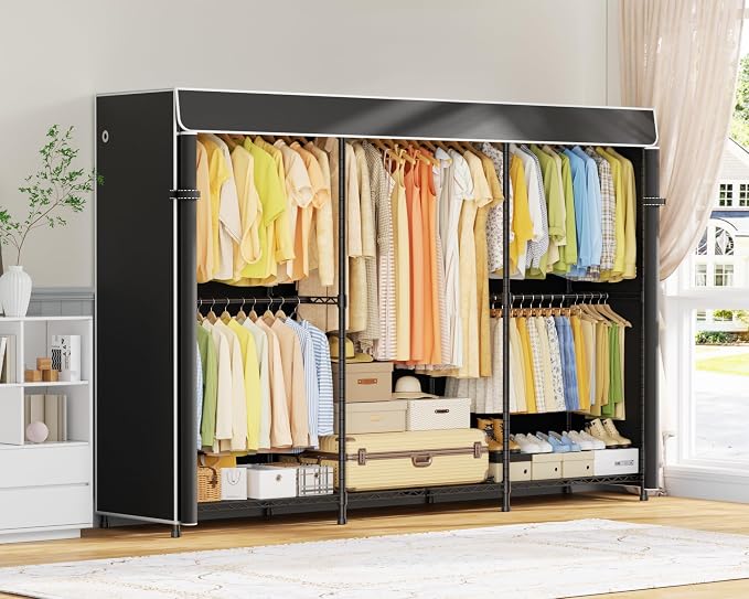 E14C Max Heavy Duty Closet Organizer System，Freestanding Clothing Racks for Hanging Clothes，Adjustable Garment Rack 86" W × 16" D × 77" H Hold 1060 lbs，Black Rack with Black Cover