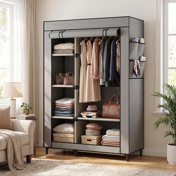Calmootey Portable Closet Organizer, Space-Saving Storage System for Home | Sturdy Rod for Coats, 6 Shelves for Folded Clothes, 4 Side Pockets for Small Items, Non-Woven Dustproof Cover, Grey