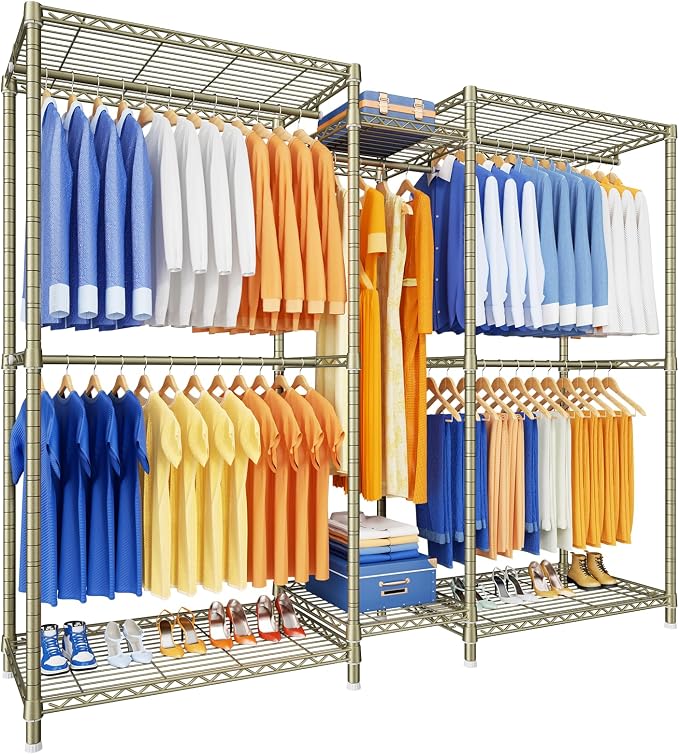 E12 Pro Clothes Rack，Heavy Duty Freestanding Garment Rack with Shelves，Metal Clothing Closet Storage System for Hanging Clothes，71" W x 16" D x 76.5" H, Hold 960 lbs，Gold