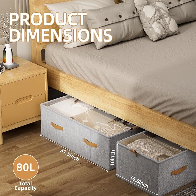 10inch 3 Pack Under Bed Storage Containers, 10 Inch Tall Underbed Clothes Storage Organizer Bin with Clear Window，Foldable Box Basket for Clothes, Closet, Bed Sheets and Blankets Light gray