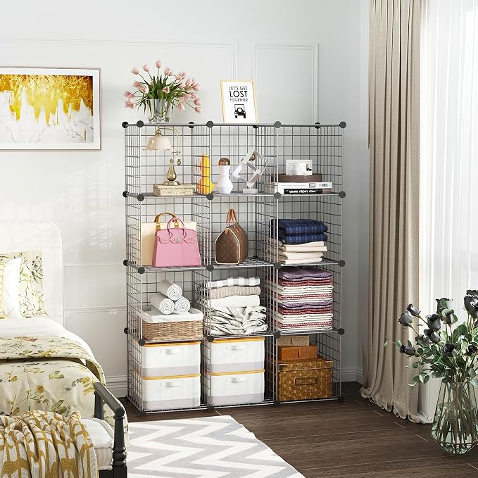 C&AHOME Wire Cube Storage, 12 - Cube Organizer Metal C Grids, Silver Gray | Modular Shelves Units Storage Bins Shelving Bookshelf Shelf Cabinet