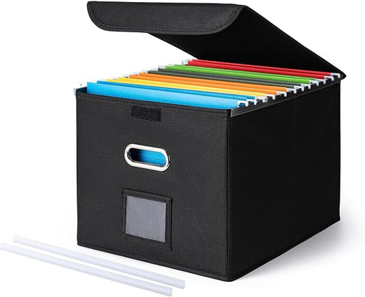 CADONO File Organizer Box with Lid, Large Hanging File Folder Organizer with Plastic Slide, Collapsible Portable Filing Storage Boxes for Office/Decor/Home (Black, 14.9 x 12.59 x 10.8 inch)