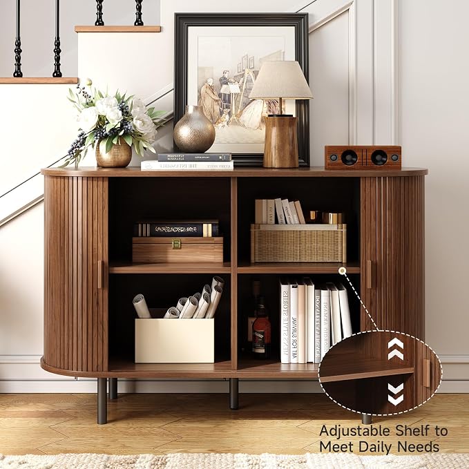48" Sideboard Buffet Cabinet with Storage, Storage Cabinet with Sliding Door & Adjustable Shelf, Modern Accent Coffee Bar Console Table for Kitchen, Entryway, Walnut