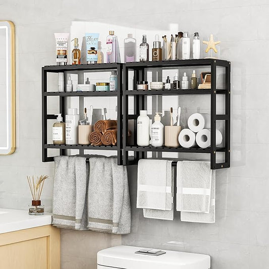 Galood Over The Toilet Storage Bathroom Shelves Wall Mounted 3 Tier Space Saver Corner Shelf Organizer Bamboo Towel Rack Toilet Paper Cabinet with Hanging Rod Black Sets