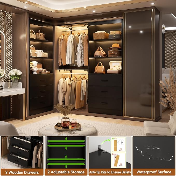 Aheaplus 47.2" Closet Drawers System, 3.94FT Wood Closet Organizer System with 6 Drawers, Modular Small Walk-in Closets Storage Unit, Set of 2, Black (47.2" L x 13.8" W x 71" H)