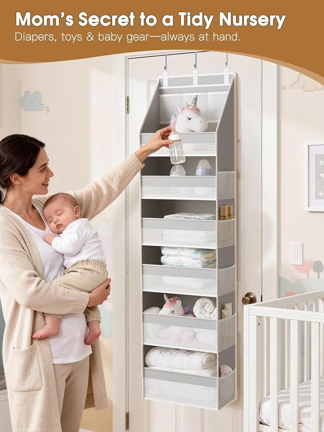 Criusia 2 Pack Over The Door Organizer, Heavy-Duty 6-Shelf Hanging Storage with 13 Mesh Pockets, 55lbs Capacity Behind The Door Storage for Nursery, Bathroom, Bedroom, and Dorm, Grey