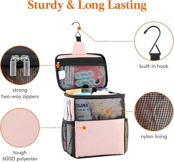 Lifewit Mesh Shower Caddy Bag Portable for College Dorm Room Essentials, Hanging Organizer Basket, Quick Dry Tote Bag for Camping, Bathroom, Beach, Travel, Medium, Pink