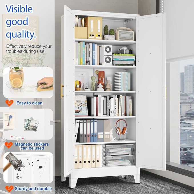 GAIOUS 74.8" Tall Kitchen Pantry Cabinet, Metal File Storage Cabinet White | Steel Office Cabinet, Freestanding Cupboard with 2 Doors and 5 Adjustable Shelves, Bathroom Kitchen Home Garage Tool Cabinet