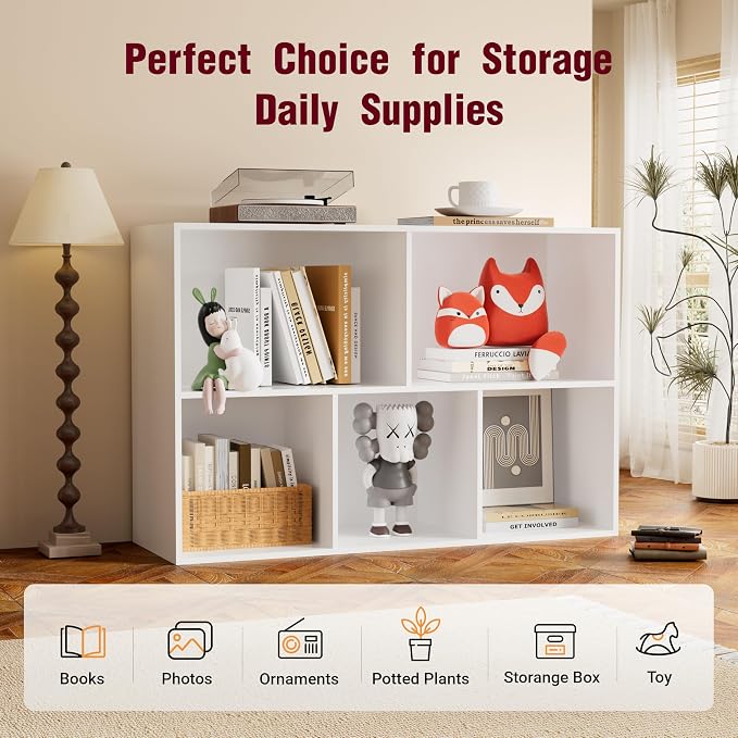 Book Shelf, Wooden Cube Storage Organizer with 11" Open Cubes, Stackable Modular Bookcase for Room Divider Storage, 2 Tier Bookshelf for Living Room, Bedroom, Office (White, 5-Cube)