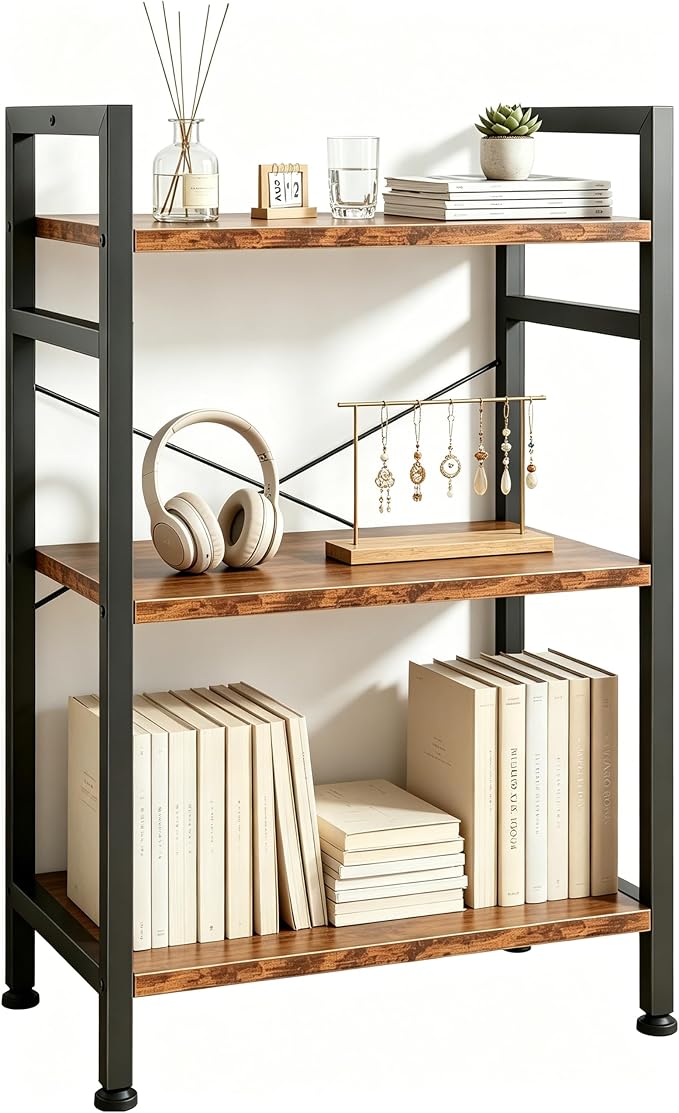 HealSmart 3 Tier Bookshelf, Free Standing Book Shelf Home Office Bookcase Shelf Storage Organizer for Bedroom, Bathroom, Living Room, Office, Balcony, Rust Brown