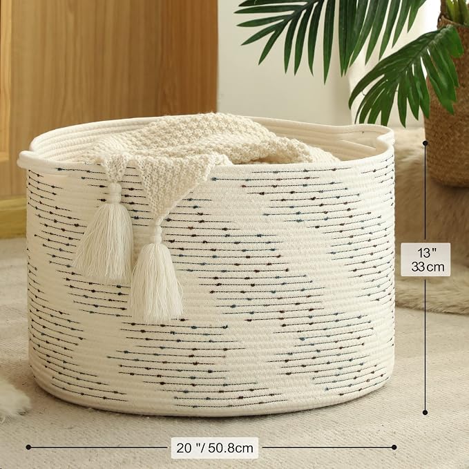 KAKAMAY Large Blanket Basket (20"x13"),Woven Baskets for storage Baby Laundry Hamper，Cotton Rope Blanket Basket for Living Room, Laundry, Nursery, Pillows, Off White with Blue & Brown Dotted Pattern | Extra Large Capacity | Natural Cotton Rope | Blanke...