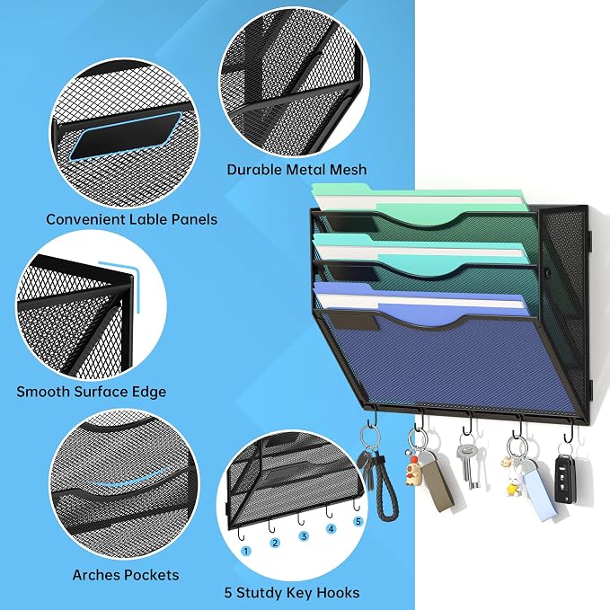 Gawerk Hanging Wall File Organizer, 3 Tier | 5 Hooks, Wall Mounted, Sturdy Mesh, For Office Home