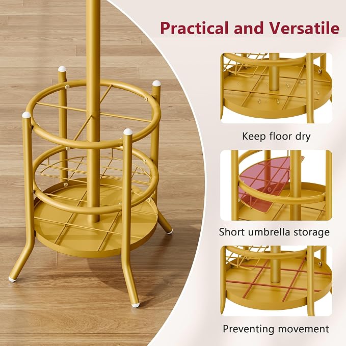 Tajsoon Coat Rack with Umbrella Holder, Coat Tree With 16 Hooks, Gold | 2-In-1 Design, Coat Rack Freestanding, Durable & Stable, Space-Saving, For Living Room, Bedroom, Office